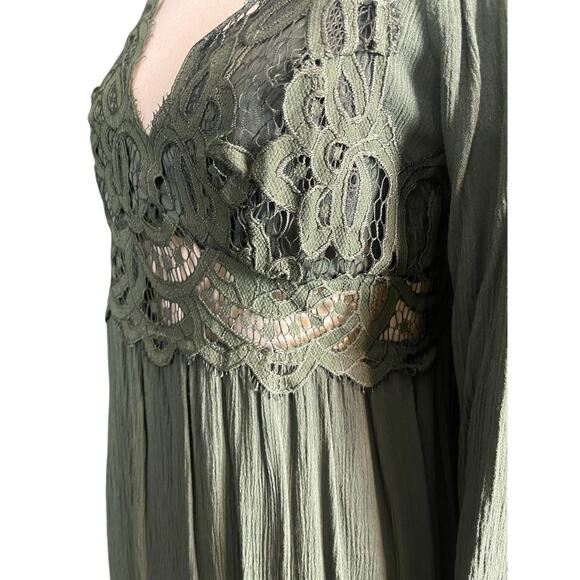 Francesca Mi Ami Mini Dress Size L Green Crotchet Tiered Ruffled Boho Peasant - Picture 11 of 13